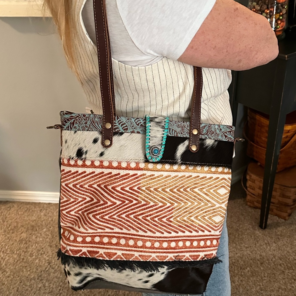 Myra Bag Tribal Pattern Tote with Brown Straps